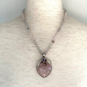 Sterling Silver 925 Modernist Rose Quartz & Amethyst Beaded Pendant Necklace